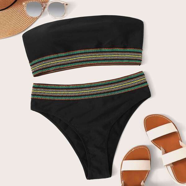 

Plus Crochet Trim Bandeau With High Cut Bikini, Black