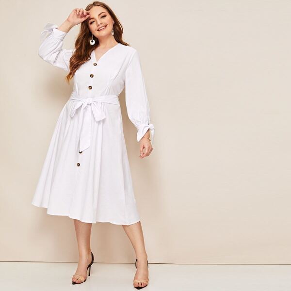 

Plus V-neck Knot Cuff Belted Tea Dress, White