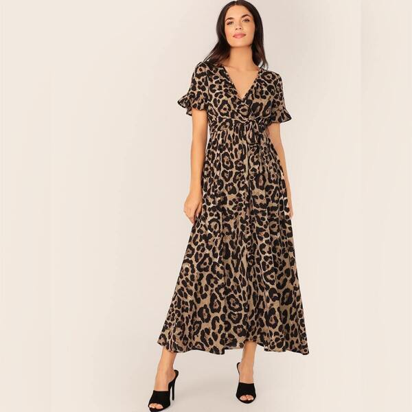 

Leopard Print Surplice Neck Belted Dress, Multicolor