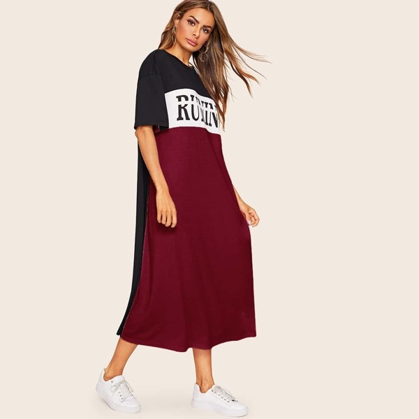 

Letter Print Colorblock Tee Dress