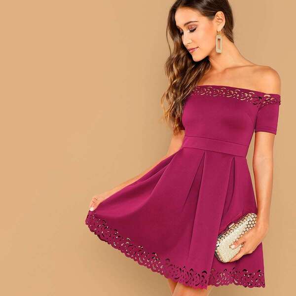 

Off Shoulder Laser Cut Pleated Detail Dress