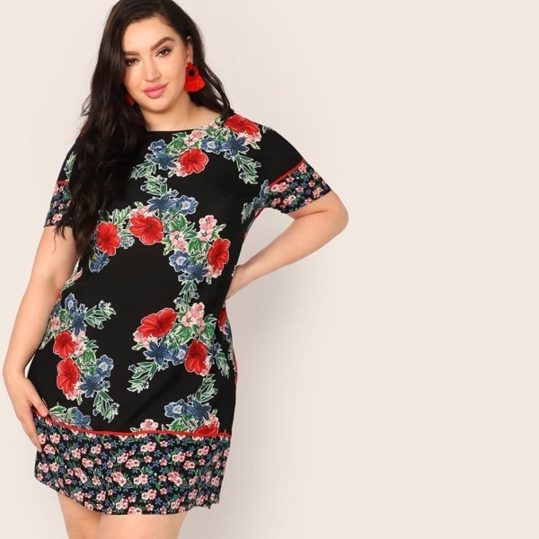 

Plus Floral Print Tunic Dress, Black