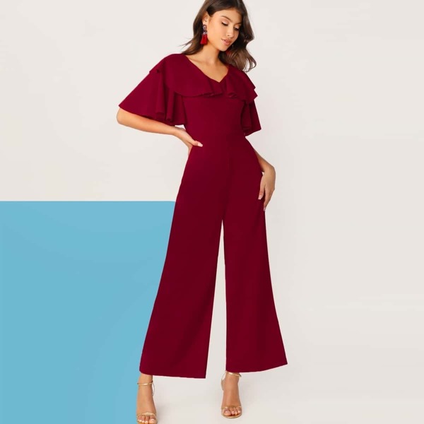 

Ruffle Neck Bell Sleeve Palazzo Jumpsuit, Burgundy
