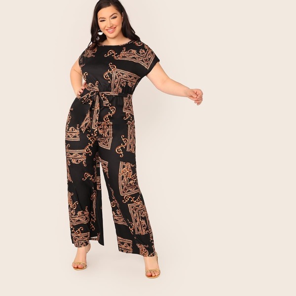 

Plus Scarf Print Self Belted Palazzo Jumpsuit, Black