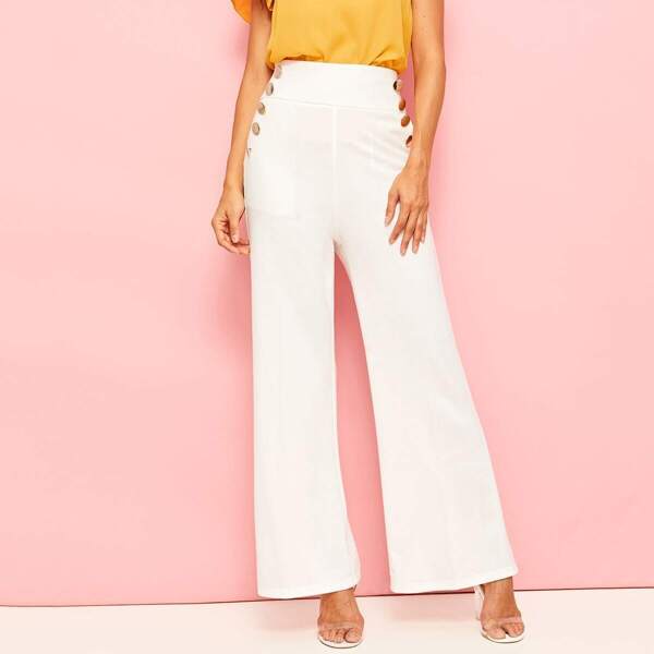 

Wide Band Waist Button Detail Palazzo Pants, White