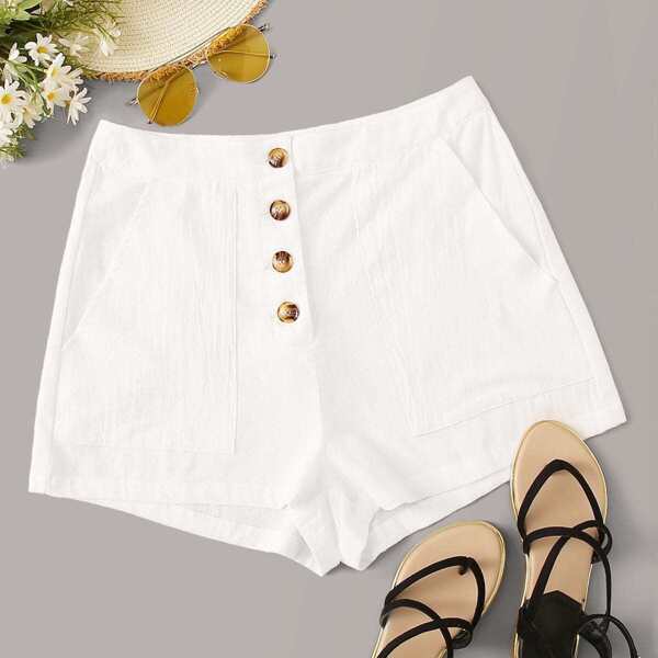 

Button Placket Pocket Side Shorts, White