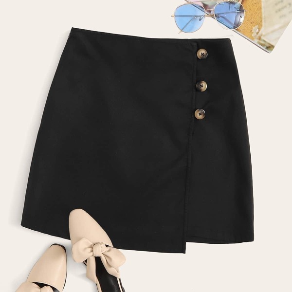 

Button Front Wrap Skirt, Black