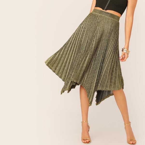 

Asymmetrical Hem Pleated Glitter Skirt, Gold