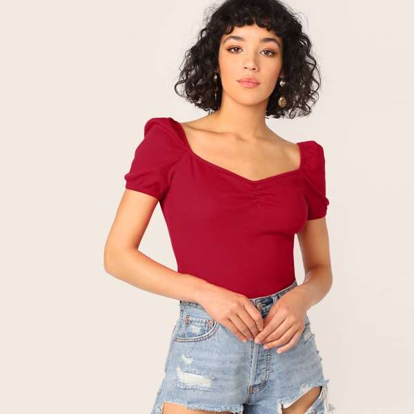 

Solid Sweetheart Neck Rib-knit Tee