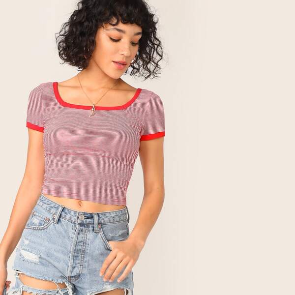 

Striped Form Fitting Crop Ringer Tee