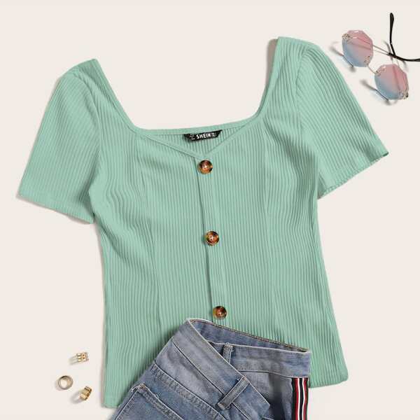 

Plus Button Front Rib-knit Sweetheart Tee