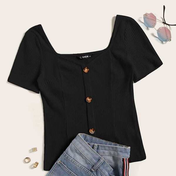 

Plus Button Front Rib-knit Sweetheart Tee, Black