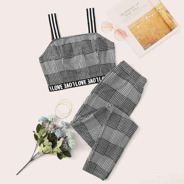 

Letter Tape Top With Striped Strap and Pants Set