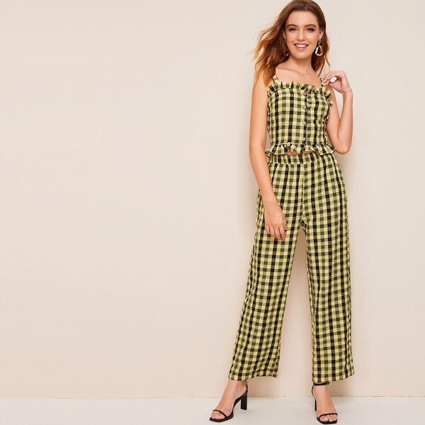 

Frilled Button Front Top and Wide Leg Pants Set, Yellow