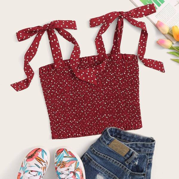 

Tie Strap Ruffle Trim Shirred Confetti Heart Print Top, Burgundy