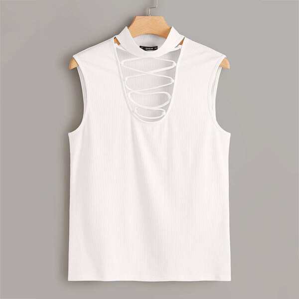 

Plus Lace Up Neckline Rib-knit Tank Top
