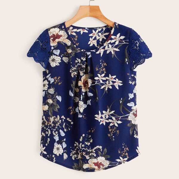 

Contrast Lace Cap Sleeve Floral Print Blouse, Multicolor