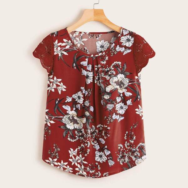 

Contrast Lace Cap Sleeve Floral Print Blouse