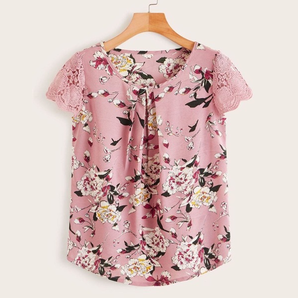 

Contrast Lace Cap Sleeve Floral Print Blouse