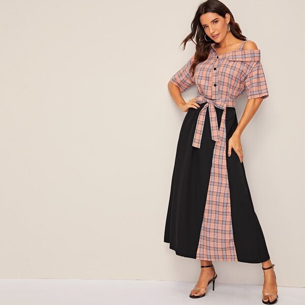 

Glen Plaid Print Belted Asymmetrical Neck Maxi Dress, Multicolor