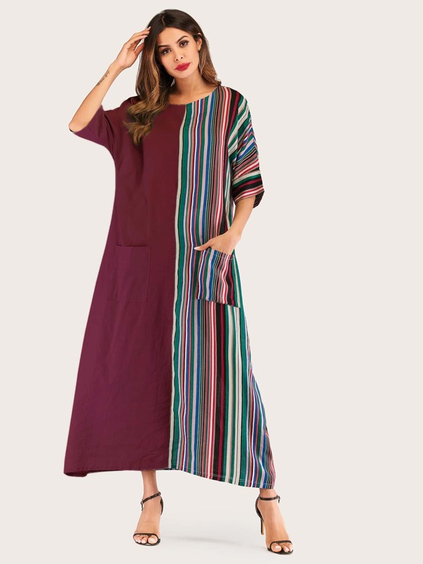 

Rainbow Striped Print Dual Pocket Maxi Dress, Multicolor