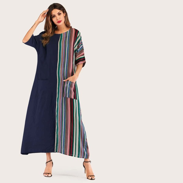 

Rainbow Striped Print Dual Pocket Maxi Dress