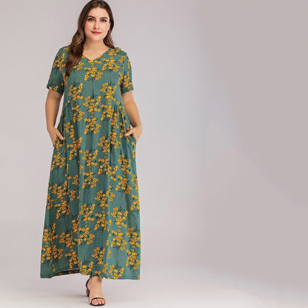 

Plus Ditsy Floral Print Hidden Pocket Maxi Dress, Green