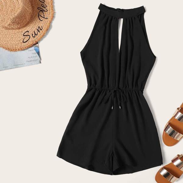 

Drawstring Waist Cut Out Tie Back Romper, Black