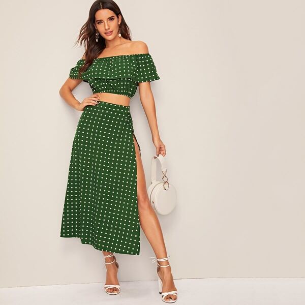 

Polka Dot Print Crop Top & Split Thigh Skirt