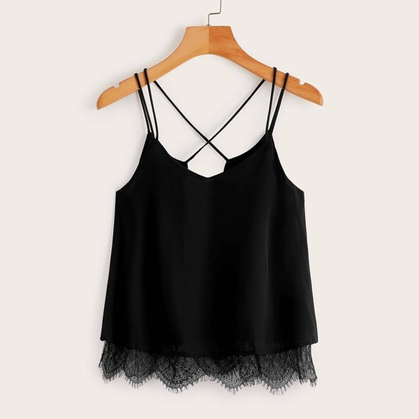 

Solid Contrast Lace Criss Cross Cami Top