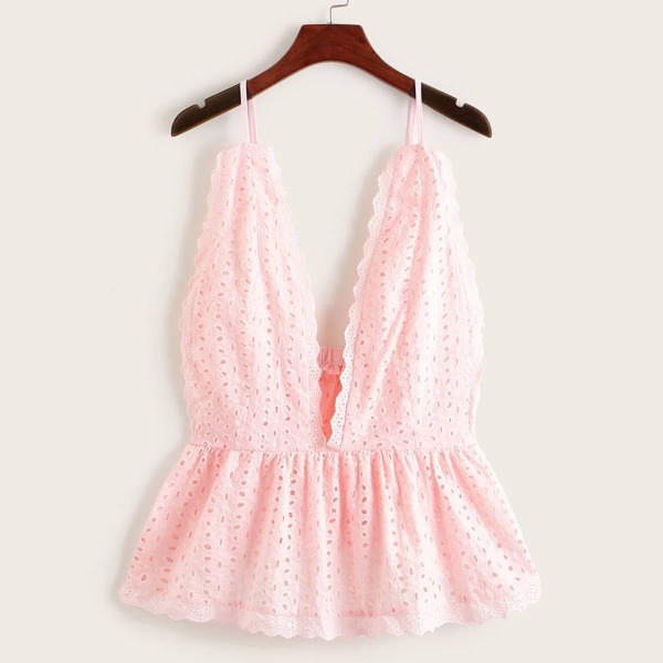 

Schiffy Ruffle Hem Deep V Neck Top, Pink