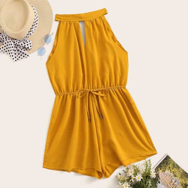 

Drawstring Waist Tie Back Halter Playsuit, Yellow