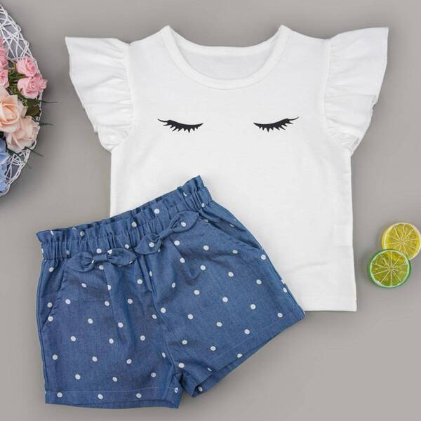 

Toddler Girls Ruffle Tee With Polka Dot Bow Shorts, Multicolor