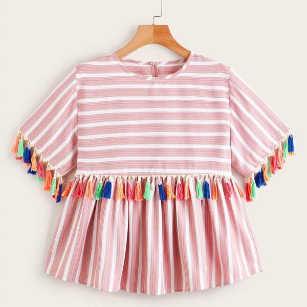 Striped Fringe Trim Smock Blouse, Pink