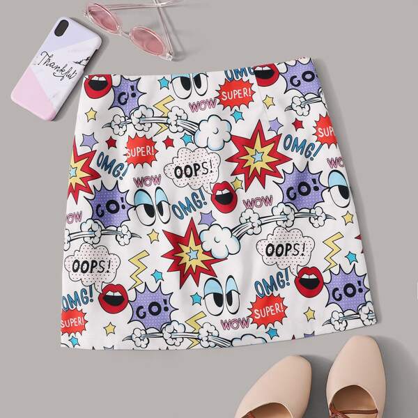 

Allover Cartoon A-line Skirt, Multicolor