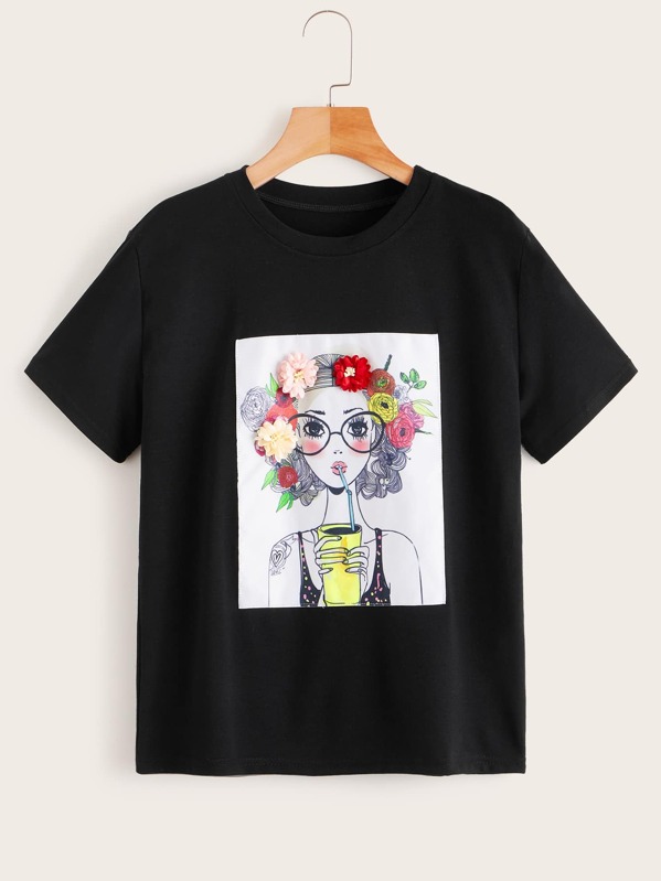 3D Floral Appliques Figure Graphic Tee, Black