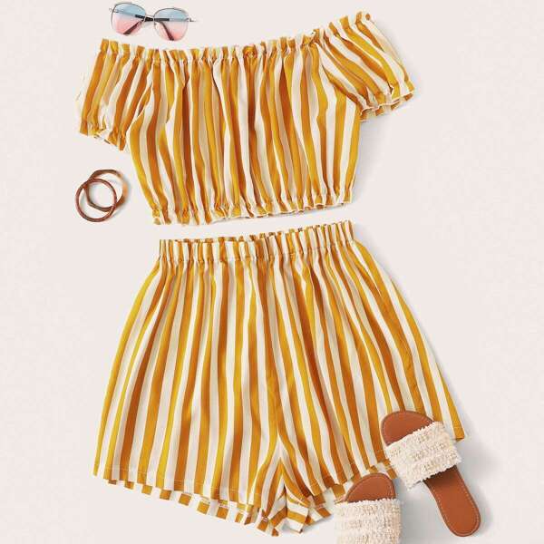 

Plus Striped Off Shoulder Top With Shorts, Yellow