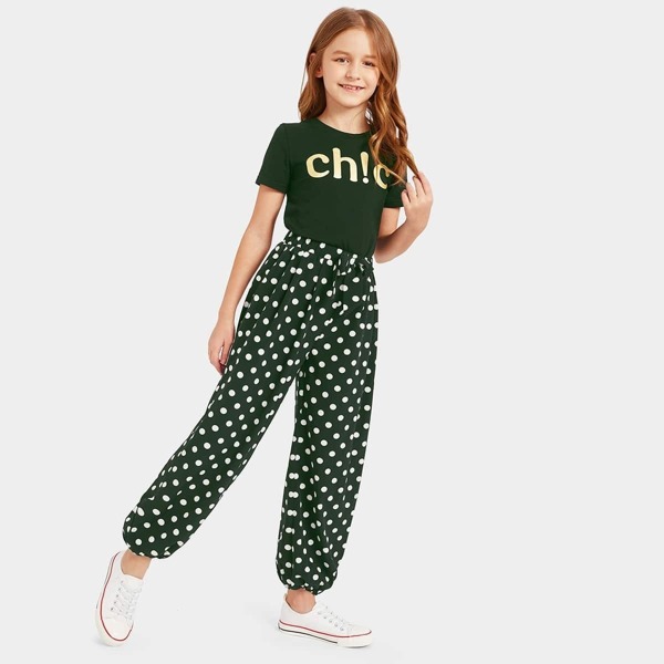 

Girls Letter Print Tee and Lantern Pants Set, Green
