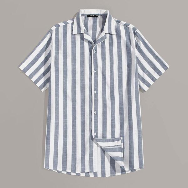 

Men Button Up Notched Striped Shirt, Multicolor