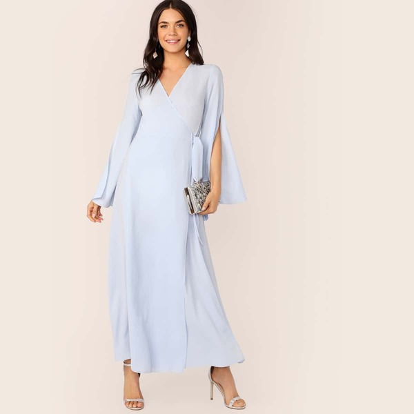 

Split Sleeve Wrap Belted Hijab Dress, Blue