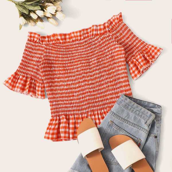 

Off Shoulder Frilled Trim Shirred Gingham Top, Multicolor