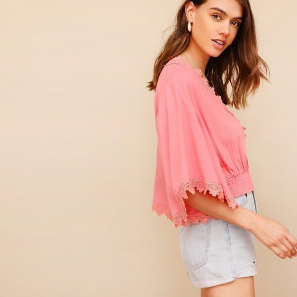 

Guipure Lace Trim Shirred Hem Wrap Top