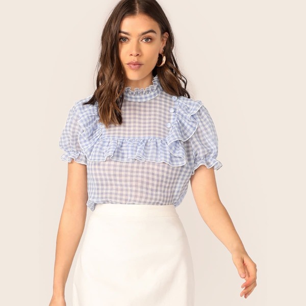 

Ruffle Trim Covered Buttoned Gingham Top
