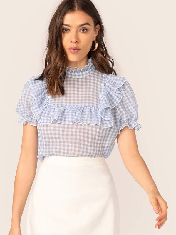 

Ruffle Trim Covered Buttoned Gingham Top, Blue, Joanna Halpin