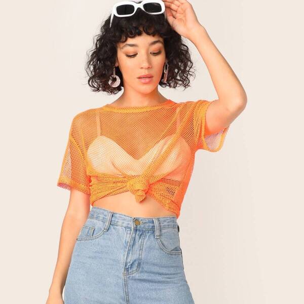

Neon Orange Sheer Fishnet Mesh Top Without Bra
