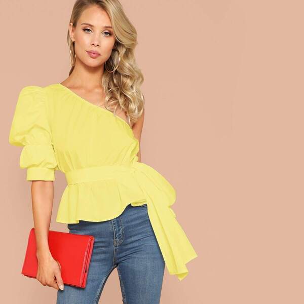 

Neon Yellow One Shoulder Gathered Sleeve Belted Top