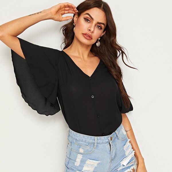 

Flutter Sleeve Buttoned Front Top, Black