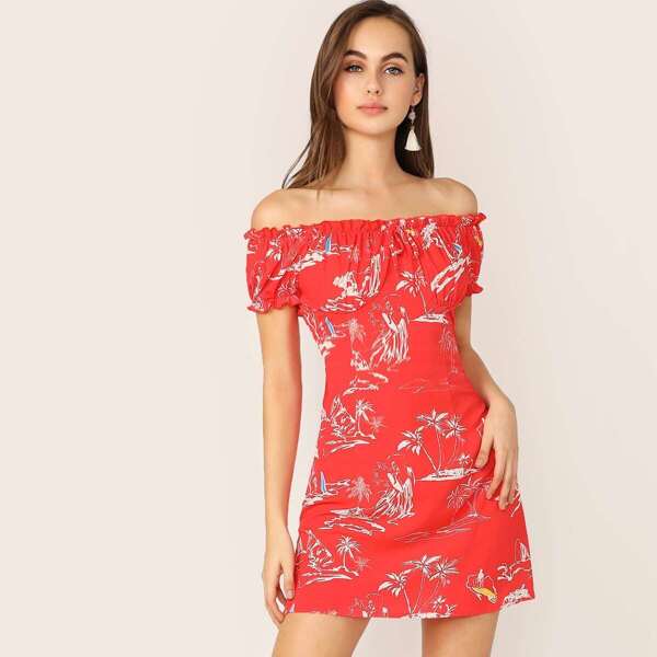 

Off Shoulder Frill Trim Tropical Print Dress, Red