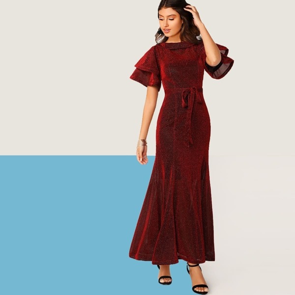 

Glitter Bell Sleeve Fish Tail Hem Knot Dress