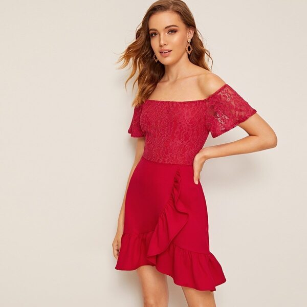 

Off Shoulder Lace Bodice Ruffle Trim Wrap Dress